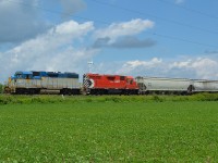 CP T29 passes westbound thru Haycroft on its way back to Walkerville with D&H 7304 on the point and its new teammate CP 3015 trailing.