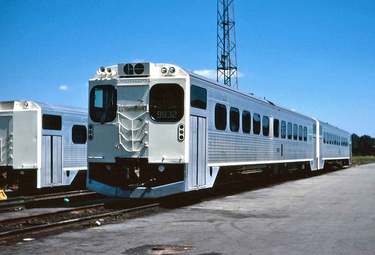 With the Air Port Rail Link scheduled to open in the next few years, GO will receive some DMU's to use on this new train service.  However GO used to have DMU units in the past.  9832 sits at the Willowbrook shop in 1972, with a Hamilton destination board.