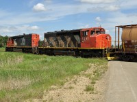 Battle River Railway's ex-CN SD40-2(W)s 5353 and 5251 head towards Camrose as the travel west on the former CN Rail Alliance subdivision. 