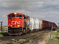CN 8023 and BCOL 4612 with a long 347 climb over the grade at Kitella as it holds for an outbound crew to get to Watrous Sk. 