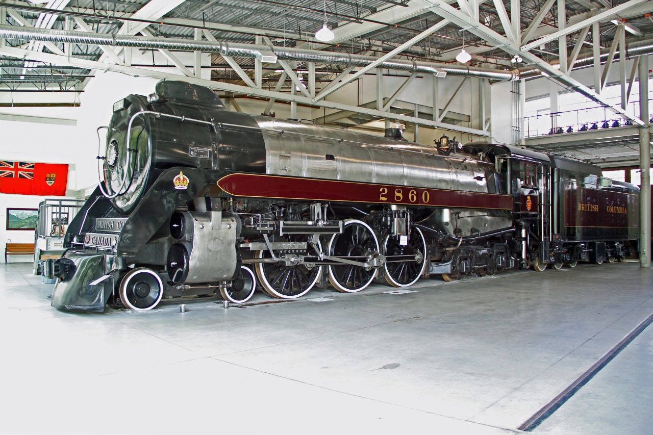 The Grand Old Lady of the west coast Royal Hudson 2860 (MLW H1-e class)looking splendid but now sadly just a static display in the museum.  CP's MLW 4-6-4 Hudson class became "Royal" after 2850 hauled the royal train with King George VI on board across Canada in 1939. 2860 performed tourist duties for BC rail for many years before final retirement.