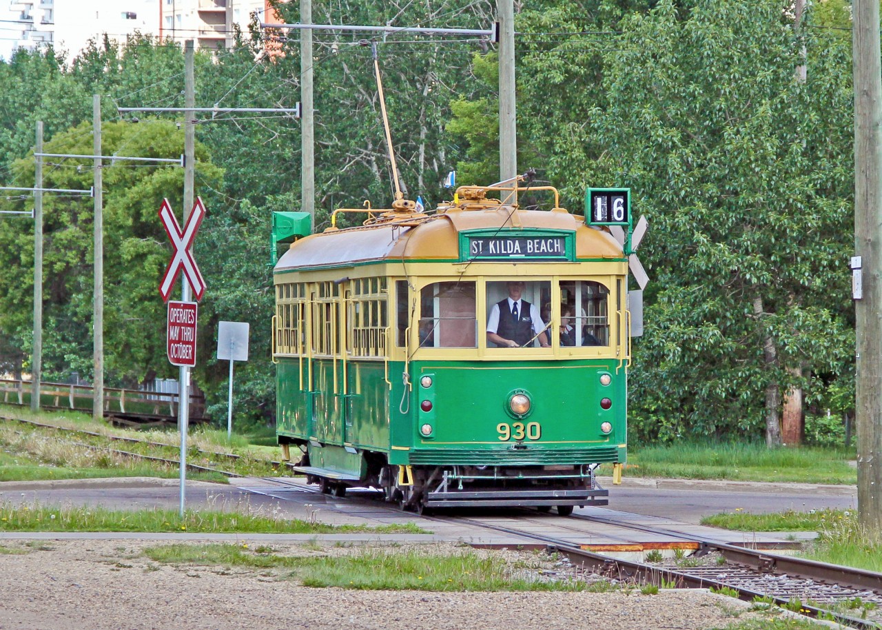 Edmonton Radial Railway Society ex Melbourne tram #930 crosses 104 street on route to Strathcona Station