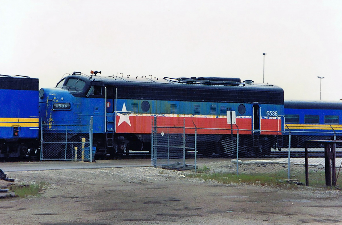VIA Rail FP9 #6536 in an unusual paint scheme. Not sure if this was from a movie shoot, or if unit was leased, ect. Any further info on this unit appreciated. Unit was sold for scrap 3 May 1994. For more pics & video from my collection see  http://northamericabyrail.info