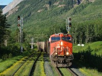 C778 diverges into the siding at the west end of Swan Landing and will soon veer off onto CN's Grande Cache Sub for another load of coal from the mine 110 miles north, at Winniandy.