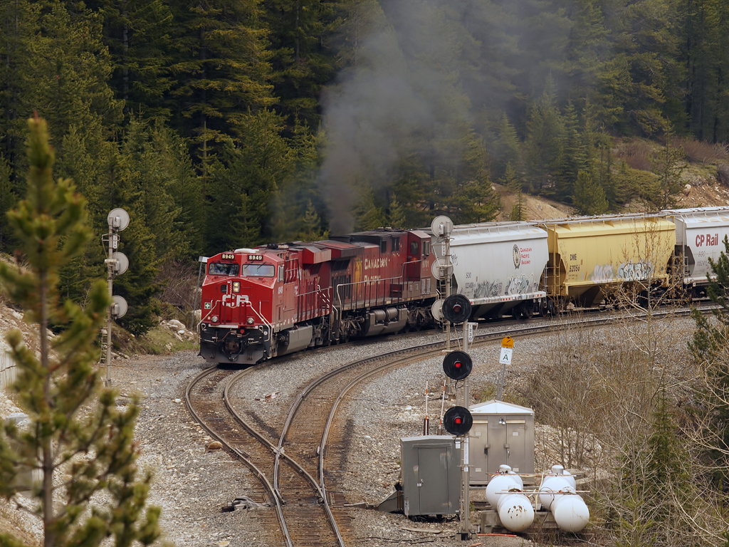 The grade drops off rapidly at the top of Kicking Horse Pass. 8949 with grain loads is about to descend to LAke Wapta, and then the Big Hill to Field.