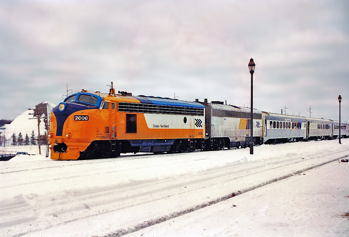 It doesn't get much better than a classic cab unit on varnish. Ontario Northland rebuilt FP7AU #2000, on the point of the southbound Northlander, Cochrane, ON. For more pics & video from my collection see  http://northamericabyrail.info