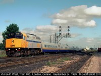 VIA #6441 has train #85, The International, well in hand as it approaches London Station on it's trip from Toronto to Chicago.  Note the lone Amtrak car mixed in the consist as well.