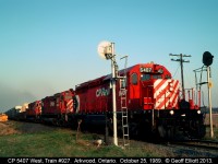 CP 5407, an ex-QNS&L SD40-2, leads Train #927 in the late light of the day as it splits the signals @ MP 58.1 (Arkwood) on the Windsor Subdivision on October 25, 1989. 