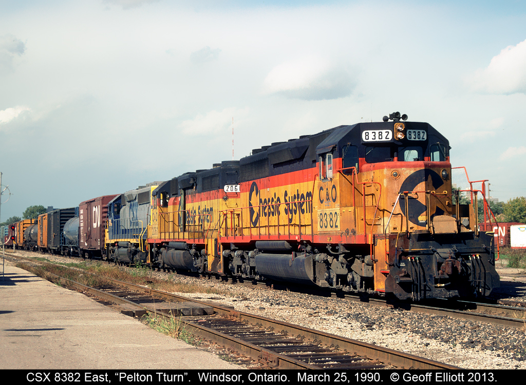 CSX 8382, an ex-C&O/Chessie SD40 has charge of the Pelton Turn today as it rolls into Windsor after having traveled from Rougemere Yard in Dearborn, Michigan and under the Detroit River as it brings over cars for interchange to CN as well as some for local industries served by CSX's Canadian Division.