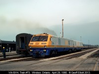 VIA LRC #6914, and a sister LRC, run around their train after bringing train #73 into Windsor late in the day.  Hard to believe the size of the trains that used to come into Windsor 20+ years ago.  Now 3 or 4 cars max, and even those are barely full, are the norm.