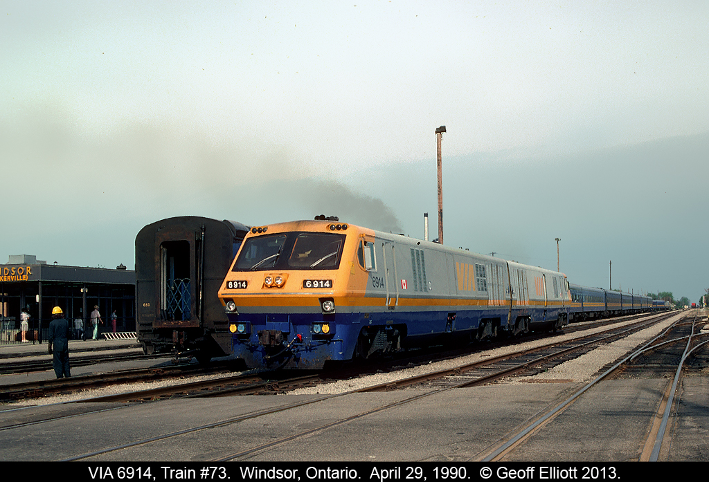 VIA LRC #6914, and a sister LRC, run around their train after bringing train #73 into Windsor late in the day.  Hard to believe the size of the trains that used to come into Windsor 20+ years ago.  Now 3 or 4 cars max, and even those are barely full, are the norm.