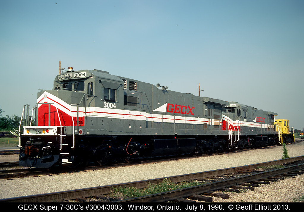 You just really never knew what you'd see in the yards in Windsor.  Today 3 rebuilt units from GE have shown up....  GECX 3004 & 3003 are fresh "Super 7 30-C's" and are rebuilt from older ex-MILW U30C's #5655 and #5653 respectfully.  Not to be out done by it's bigger 'sisters', a newly rebuild GE Centercab rounds out a very interesting trio.