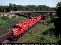 Here's a quartet of matched CP GP9's on the "Ham Turn" today passing under Plains Road in Burlington, Ontario.  I'm standing in the Royal Botanical Gardens as many who frequent this page have spent time here I'm sure.