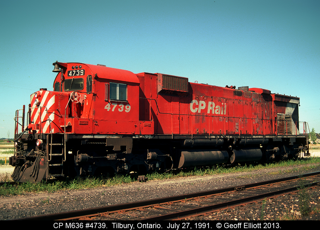 Having been setoff by an eastbound the day previous as a result of a traction motor fire, CP M636 #4739 sits patiently waiting for a maintenance crew to arrive to fix the unit to the point of being movable on to Toronto for full repairs.