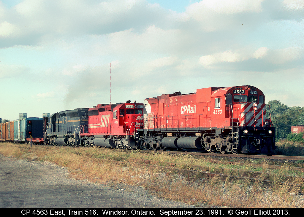 Quite the 'hodge-podge' of power on this train.  M630 4563 leads a SOO SD40-2 and an MPI SD45 on tonight's 516 as it crests the summit at Windsor South after having passed through the Detroit River tunnel only minutes before.