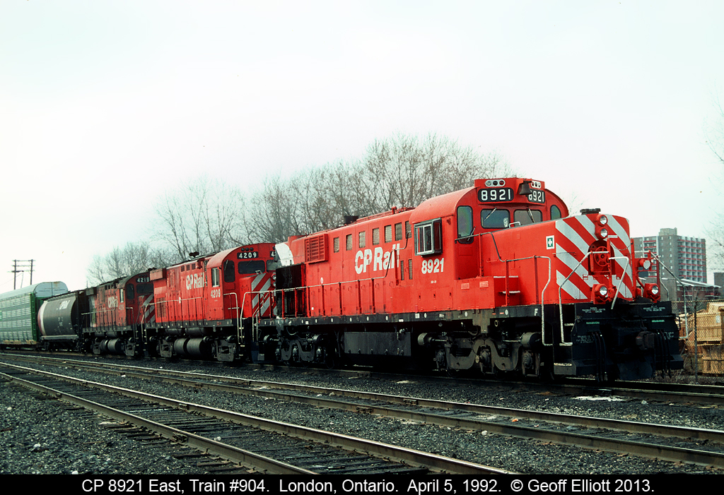 "The Empress of Agincourt" leads CP flagship train #904 as it pauses in London for a crew change back on April 5, 1992.