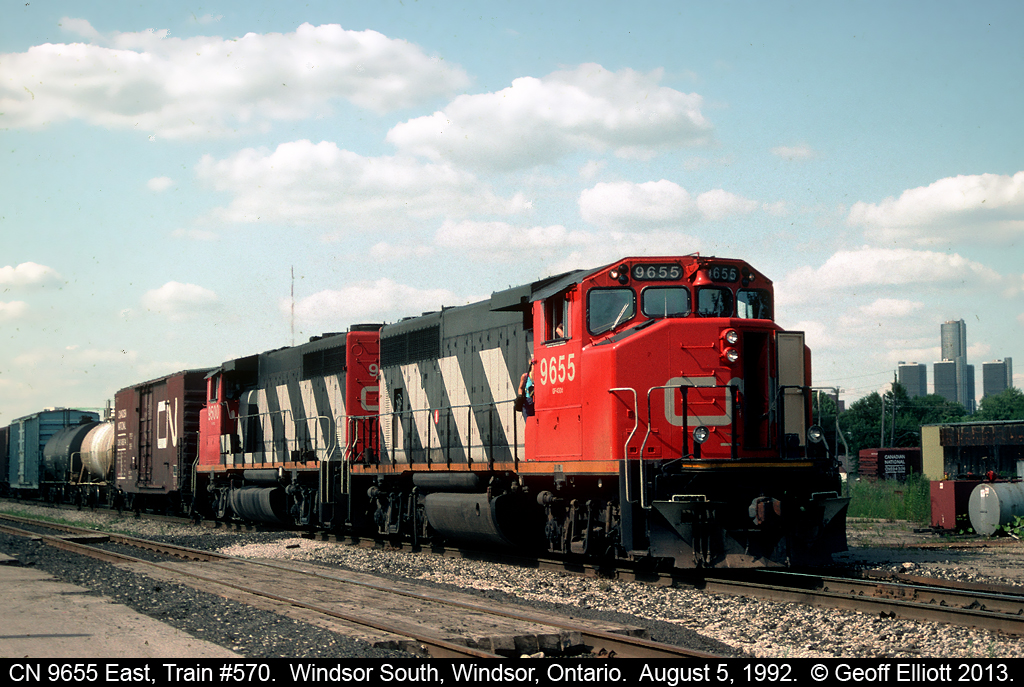 CN 9655, with train #570 in tow, pauses in front of Windsor South Depot and has just returned after making it's daily transfer run from CN Van de Water Yard in Windsor to Conrail's Livernois yard in Detroit.
