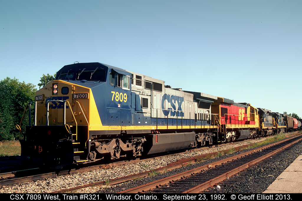 CSX 7809 is in command of train R321 today.  Having originated in Buffalo, R321 traversed Ontario on the CN, former NYC/PC/CR, CASO subdivision.  Pulling up to Windsor South with a Santa Fe 'Kodachrome' C30-7 and two other CSX GE's, the crew will get the latest Conrail bulletins before heading through the Detroit River Tunnel and on to their final destination at CSX's Rougemere Yard in Dearborn, Michigan.