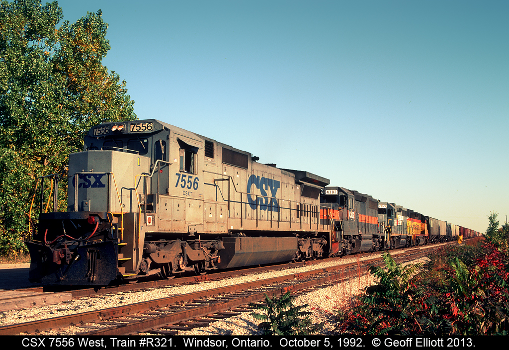 CSX certainly was colorful in the early days.  Here R321 has a 'grey ghost' Dash8-40C on the point, but the rest of the consist is just as interesting with an ex-Guilford/D&H GP39-2, Seaboard System GP38-2, and a Chessie GP40-2 to round out this quartet.  Them were the days......