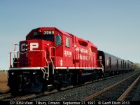 CP 3069 leads a Canadian Pacific promotional train in September of 1997.  CP was promoting the new "Golden Beaver" emblem and this train traversed the system to show it off.  It was okay, but I say bring back the Grey and Maroon script!!
