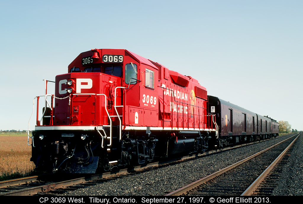 CP 3069 leads a Canadian Pacific promotional train in September of 1997.  CP was promoting the new "Golden Beaver" emblem and this train traversed the system to show it off.  It was okay, but I say bring back the Grey and Maroon script!!