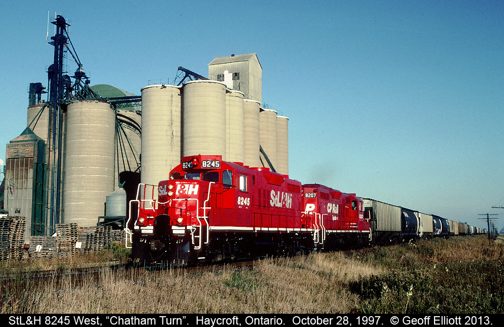 Fresh StL&H GP9 #8245, and equally fresh CP Rail Systems GP9 #8207, have charge of a large westbound Chatham Turn that is returning to Windsor after a long day of work on the east end of the Windsor Subdivision.