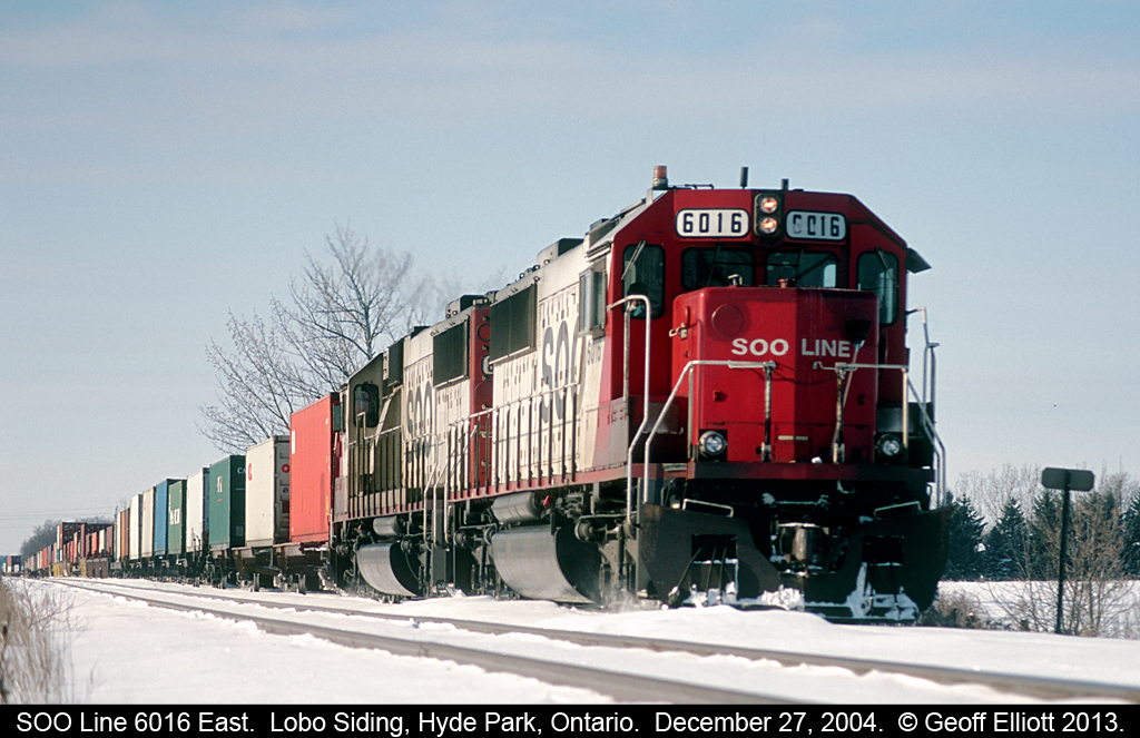 A pair of SOOLINE SD60's lead an eastbound intermodal into the siding @ Lobo on this cold December day.  With the SOO SD60's now up for sale, I'm glad I was able to get as many shots as I did.
