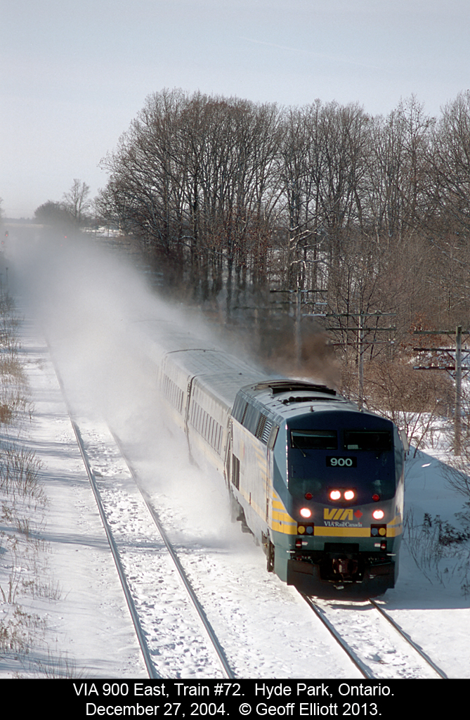 VIA 900 speeds train #72 through the snow and past Frank's Lane while on it's run from Windsor to Toronto on this cold December day.