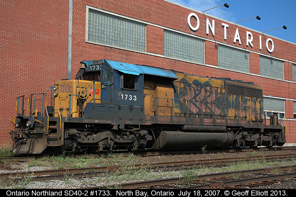 ONR SD40-2 #1733 sits outside the shops in North Bay, Ontario on July 18, 2007.