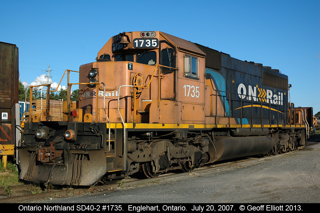 O.N. Rail SD40-2 #1735 sits in the yard in Englehart on July 20, 2007.  This unit would be lifted by 2105 south to round out a 5 unit consist on the southbound train.