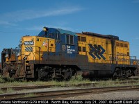 ONR GP9 #1604, with some serious modifications since being built by GMDD (check out the trucks!), sits idle in the North Bay yard after doing switching duties for the day.