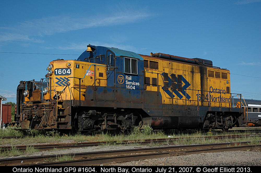 ONR GP9 #1604, with some serious modifications since being built by GMDD (check out the trucks!), sits idle in the North Bay yard after doing switching duties for the day.