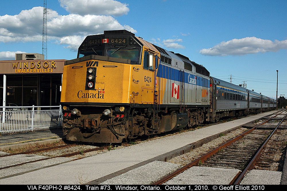 VIA 6424, former 'Budweiser Super Bowl XL' unit, has arrived in Windsor on train #73 with 5 stainless cars today. 6424 looks pretty dirty in this photo, but I'd take it today vs. shooting VIA's new 'green weenie' scheme......