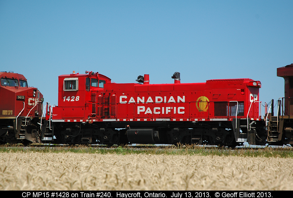 MP15 #1428 is seen in transit on train #240 on July 13, 2013.