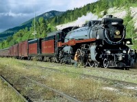 MLW Hudson 4-6-4 CP 2816 "The Empress" takes a break at Crowsnest and receives a litle TLC from the crew before continuing to Fort McLeod and Calgary.