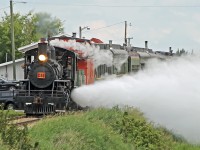 Another view of 1920 built Baldwin 2-8-0 #41 departing Stettler with the Alberta Prairies Railway Excursions passenger train for the 90 minute journey to Big Valley. Putting on a great show of blowing off steam as it coaxes the train into motion.