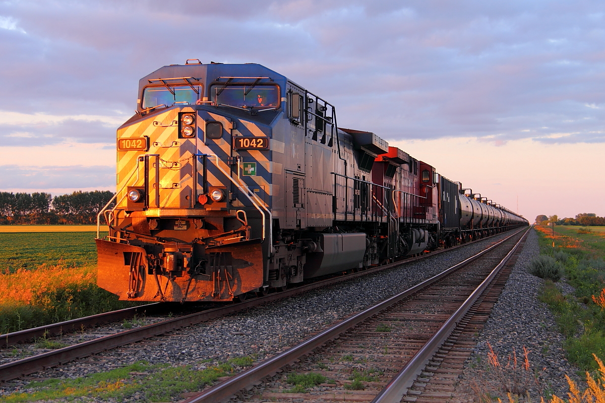 CEFX 1042 waits at High Bluff for a meet with two intermodals.