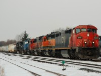 FPON: CN 2445 - BNSF 6820 - BNSF 333 - CN 5366 - NS 6777 - NS 8861 and 141 cars make up CN 394's train as it passes through Brantford on this late February morning. MrDanMoFo will photograph this train later on in Brampton