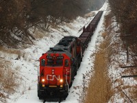 SOR 599 rumbling down the Hagersville Sub behind a pair of borrowed CN Geeps (CN 4700, CN 4107)