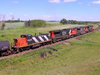 A GMD1 trails in this four unit consist as it departs the Rivers area for Winnipeg.