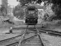 In a scene reminiscent of the past, one can truly get a sense of industrial railroading by following either CP or SOR's belt trackage through North Hamilton. Here, CP's Belt Line job is seen trundling along ex-TH&B trackage at Birmingham St, with Dofasco looming in the distance. With the many power 'upgrades' going on at CP these days, the day will come when it will be impossible to shoot a trio of CP Geeps, get your shots while you can!