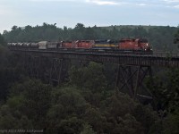 What started as a pretty sunny day has would up dark and drizzly for the last shot of the day. In the gloom,  CP 5926 leads ICE 6416, DME 6087, and CP5972 out onto the Cherrywood Trestle at the east end of the siding of the same name. Thanks again for the heads up, Delic. 2034hrs.