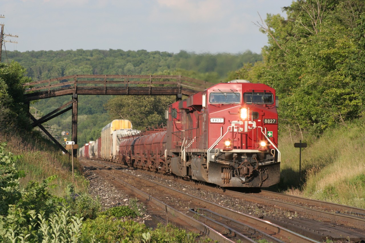 A CP manifest heading for the Hamilton Sub glides into Campbellville on a beautiful summer evening in Ontario!