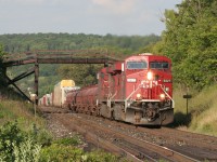 A CP manifest heading for the Hamilton Sub glides into Campbellville on a beautiful summer evening in Ontario!