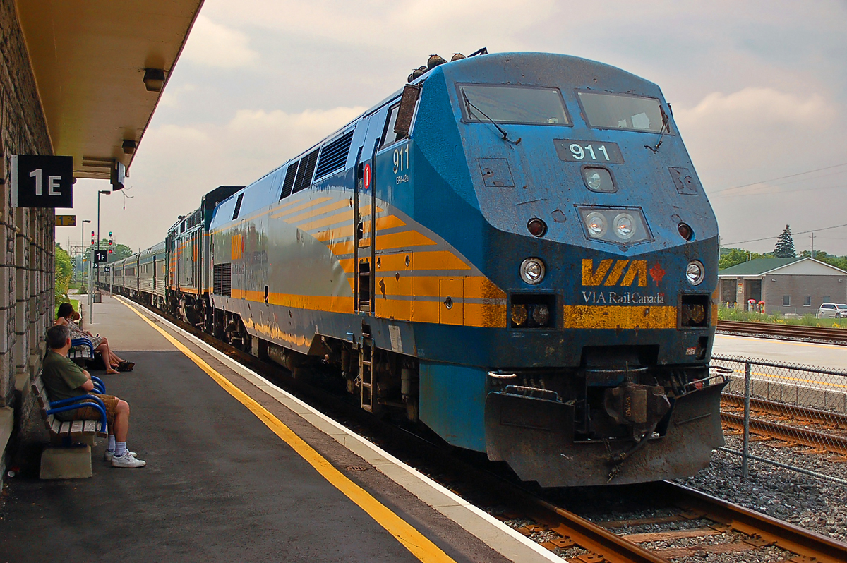 VIA train 60, led by P42DC #911 and an F40PH running back-to-back, arrives at Belleville station enroute to Montreal for a connection with VIA train 14, the 'Ocean Limited'. For more pics & video from my collection see  http://northamericabyrail.info