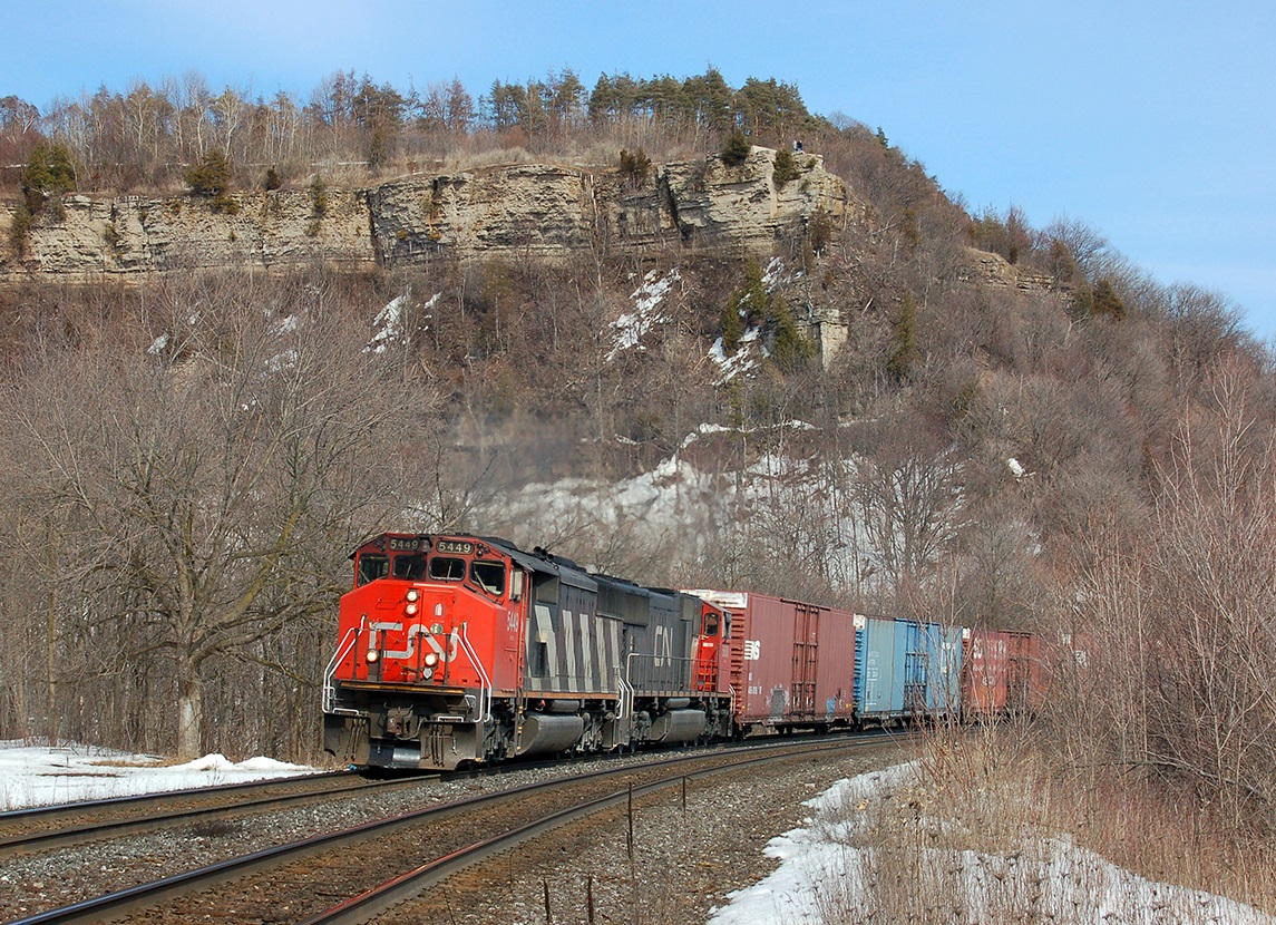 CN SD50F #5449 leads a westbound CN freight up the escarpment at Dundas, ON. For more pics & video from my collection see  http://northamericabyrail.info