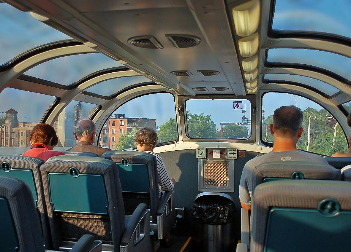 In the dome of the "Park" car on the eastbound 'Ocean Limited'. St. Lambert, QC. For more pics & video from my collection see  http://northamericabyrail.info