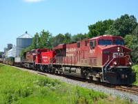 CP 240 led by 8877 passes the elevator at Thamesville as it heads eastbound with CP MP15 #1428 trailing