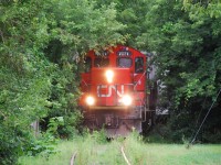 A photo that likely won't make the CN Annual Report, CN 580 makes its once a week journey through the jungle approaching Cayuga Street on their way to switch Ingenia.