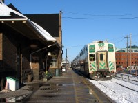 Rolling into the station with a packed train going only as far as Mount Pleasant, GO 218 leads #205, the first rush hour train, into the station at Brampton. Cut short by a derailment at the Credit, today passengers heading for Georgetown will be bussed west from Mount Pleasant Station, and #205 will deadhead back to Toronto, not being able to park for the night at Georgetown.
<br><br>
More information about the incident and the deadhead returning <b><u><a href=http://www.railpictures.ca/?attachment_id=9602>*here*</a></u></b>